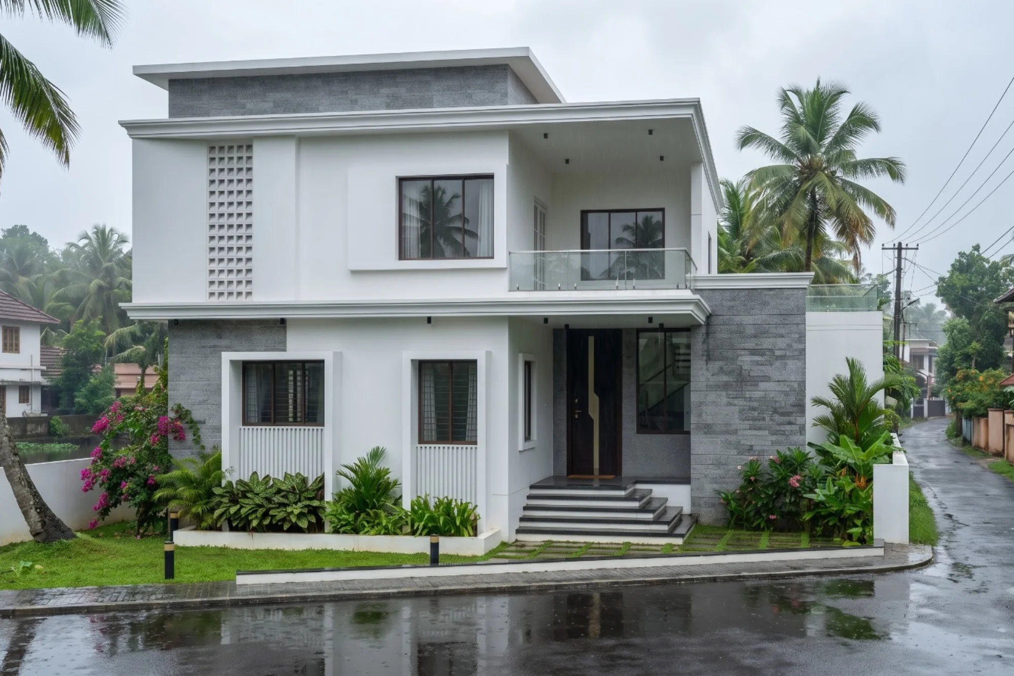 Modernist 2-Storey Kerala Residence with Rain-slicked Road and Slate Stone Facade